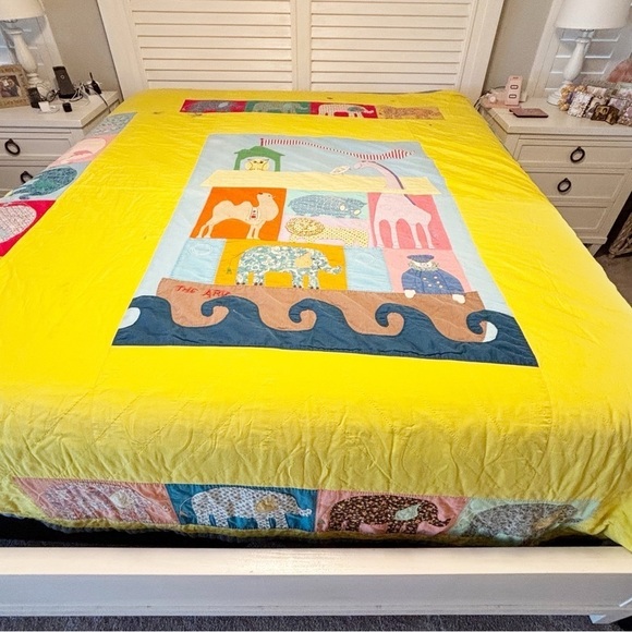 Vtg Hand Crafted Bright Primary Color Quilt Elephants Noah’s Ark Hand Appliqué - Picture 1 of 15